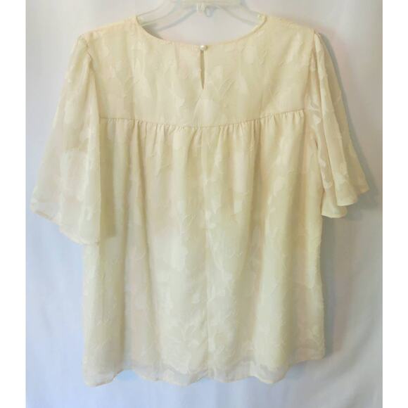 FLORAL OVERLAY Top Flutter Sleeves Size L Women Short Sleeve Lined Cream Boho - Picture 6 of 11